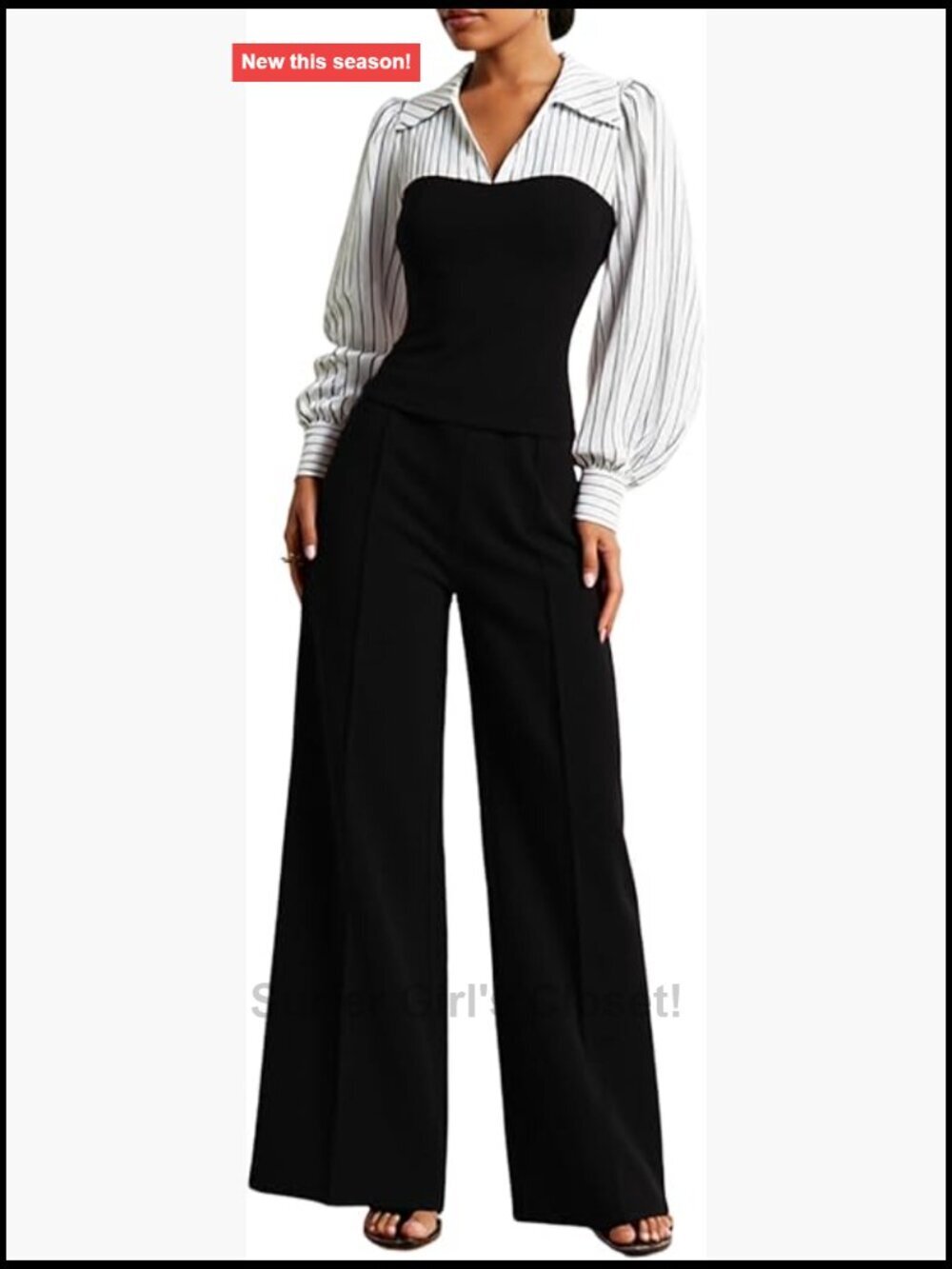 Women's 2 Piece Outfits V Neck Puff Long Sleeve Top Wide Leg Pants Set with